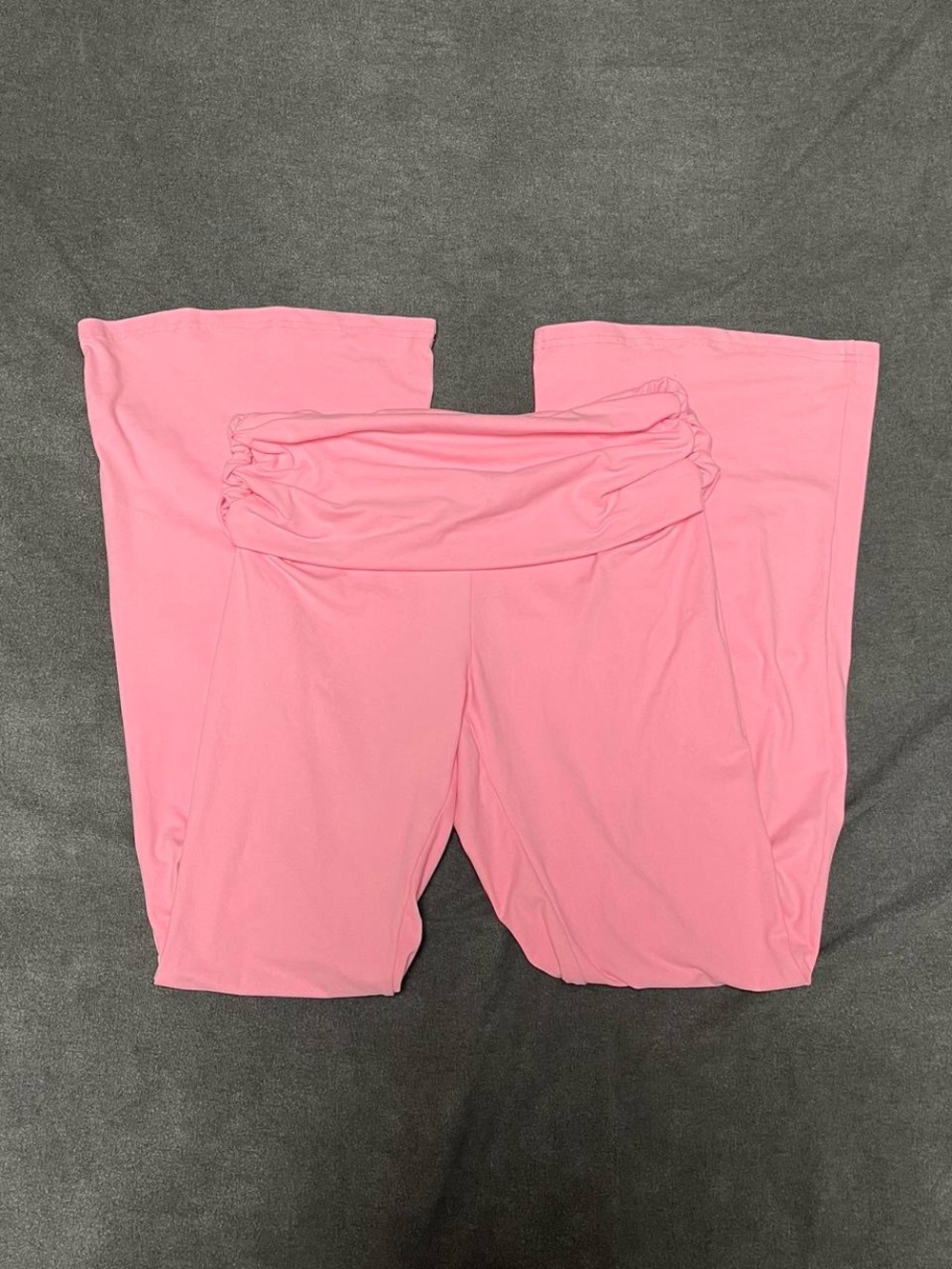 Amazon pink flare pants with ruffled fold over waist